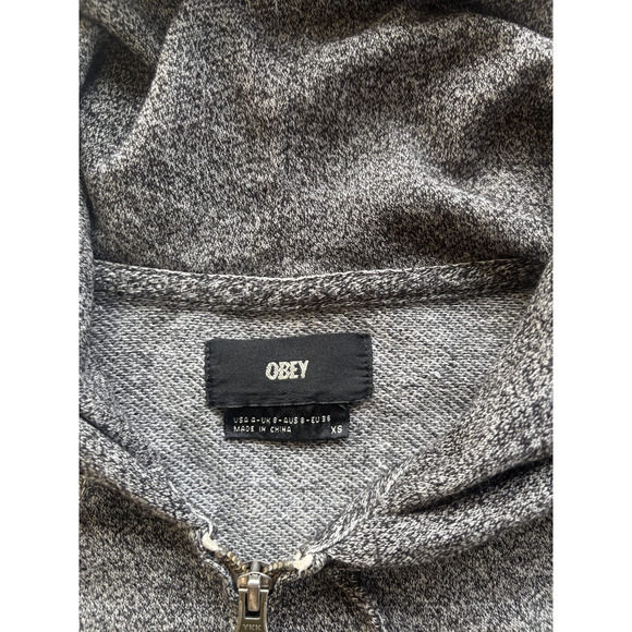 Obey Zip Up Hoodie Embroidered Graphic Gray Sweatshirt Thumb Holes Womens XS - Picture 2 of 5